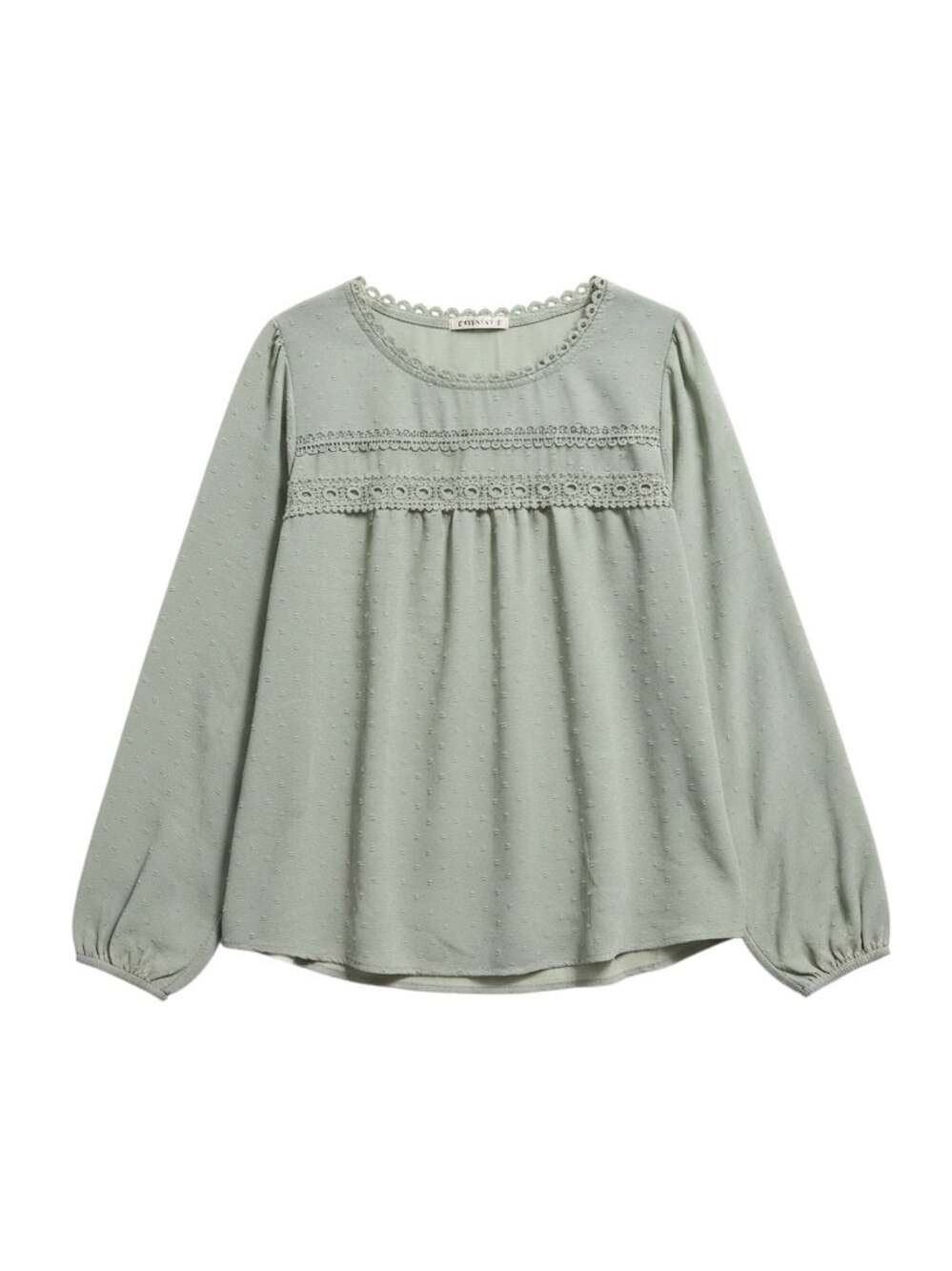 UVN Women's Sage Green Long Sleeve Swiss Dot  Blouse with Crochet Lace Trim/0085